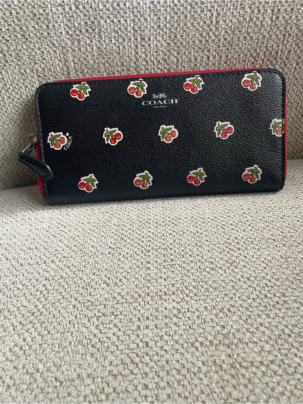 Coach Black Cherry Print Zip Wallet with Red Trim